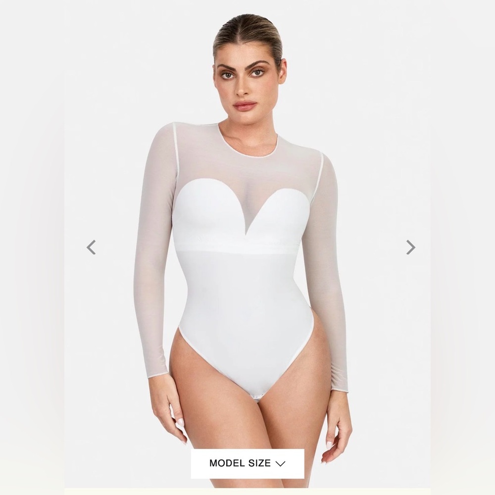 Popilush White Sheer Long-Sleeve Bodysuit with Built-In Bra